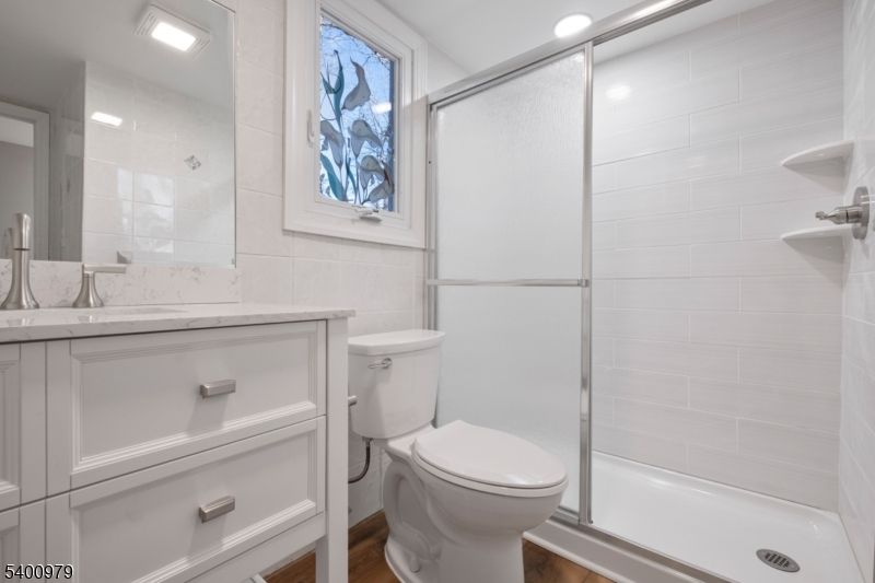 Bathroom, Glass Shower, Interior, Recessed Lighting, Wood Texture Flooring