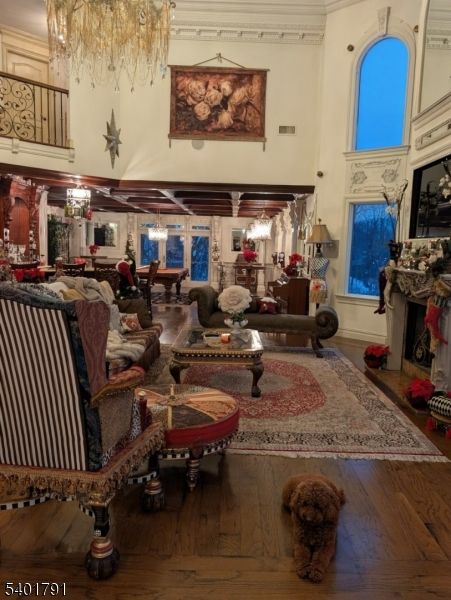 Chandelier, Fireplace, Interior, Living room, Wood Texture Flooring