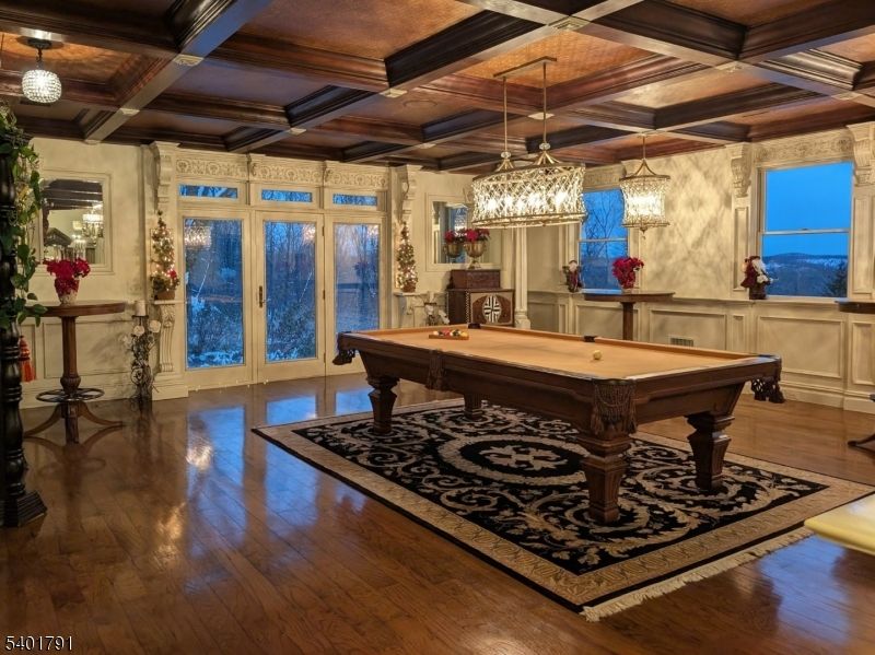 Billiard Table, Chandelier, Game Room, Interior, Pendant Lights, Wooden Beams, Wood Texture Flooring