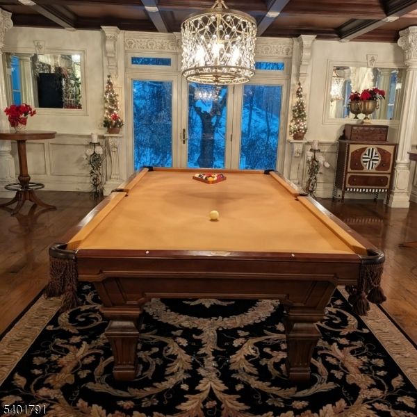 Billiard Table, Chandelier, Game Room, Interior, Wooden Beams, Wood Texture Flooring