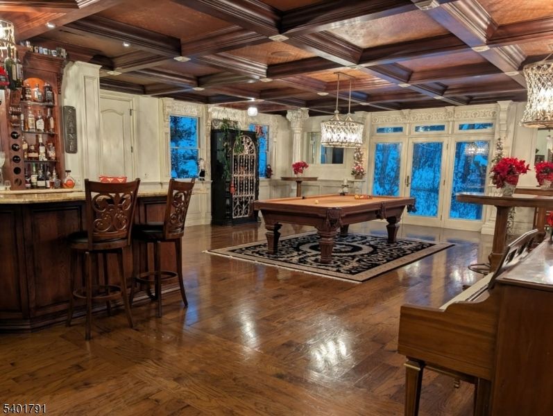 Billiard Table, Chandelier, Game Room, Interior, Pendant Lights, Piano, Recessed Lighting, Wooden Beams, Wood Texture Flooring