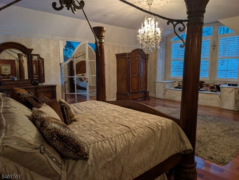 Bedroom, Chandelier, Interior, Wood Texture Flooring