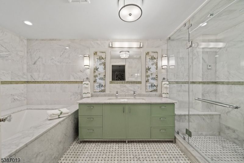 Bathroom, Dual Sink Vanities, Glass Shower, Interior, Marble Walls, Recessed Lighting