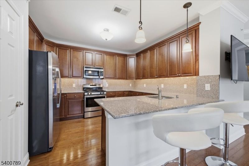 Interior, Kitchen, Pendant Lights, Stainless Steel Appliances, Wood Texture Flooring