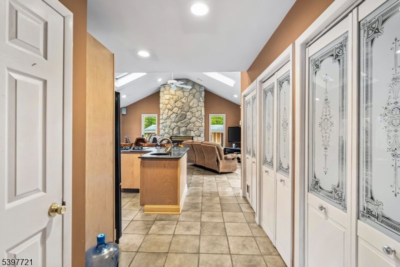 Fireplace, Interior, Living room, Recessed Lighting, Stone Walls