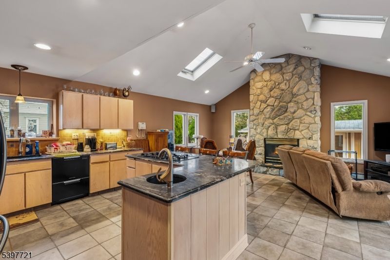 Fireplace, Interior, Kitchen, Living room, Pendant Lights, Recessed Lighting, Stone Walls