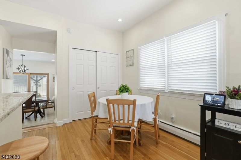 Dining room, Interior, Pendant Lights, Recessed Lighting, Wood Texture Flooring