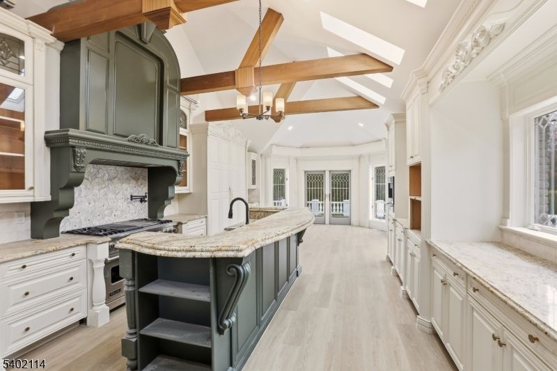 Chandelier, Interior, Kitchen, Recessed Lighting, Stainless Steel Appliances, Wooden Beams, Wood Texture Flooring