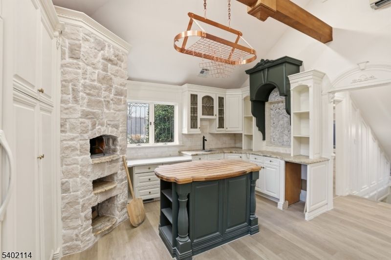Fireplace, Interior, Kitchen, Pendant Lights, Stone Walls, Wooden Beams, Wood Texture Flooring