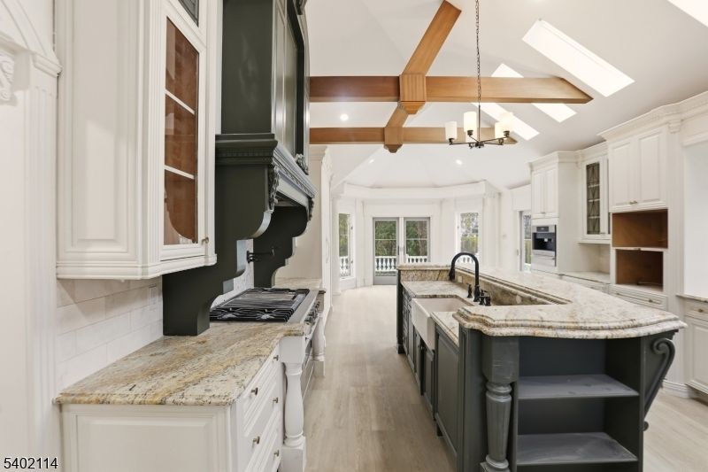 Chandelier, Interior, Kitchen, Recessed Lighting, Stainless Steel Appliances, Wooden Beams, Wood Texture Flooring
