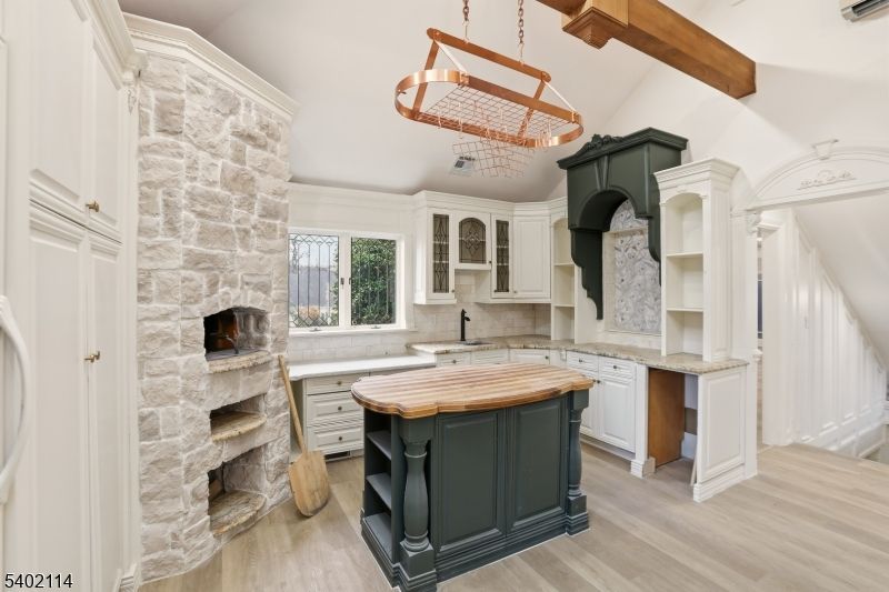 Fireplace, Interior, Kitchen, Pendant Lights, Stone Walls, Wooden Beams, Wood Texture Flooring