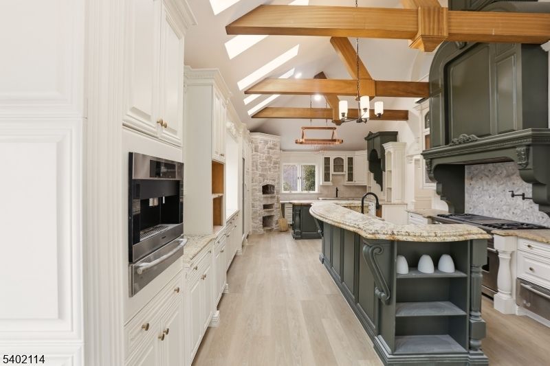 Chandelier, Interior, Kitchen, Stainless Steel Appliances, Wooden Beams, Wood Texture Flooring