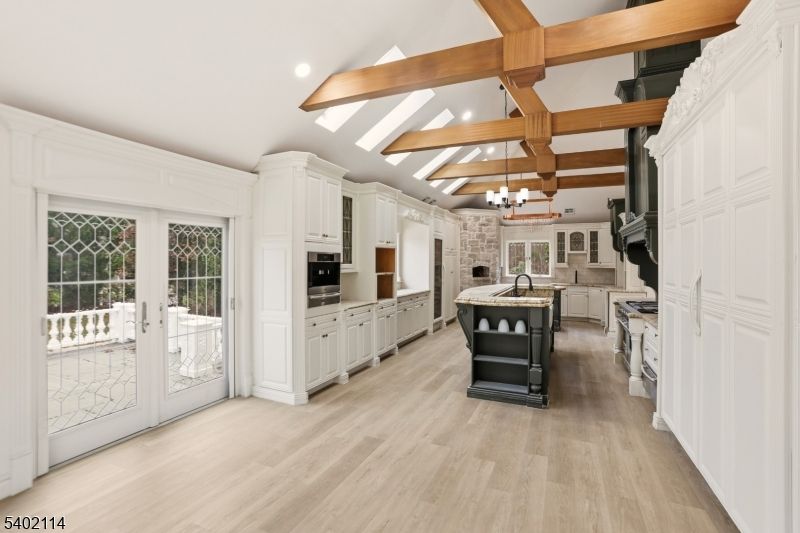 Chandelier, Interior, Kitchen, Recessed Lighting, Stainless Steel Appliances, Wooden Beams, Wood Texture Flooring