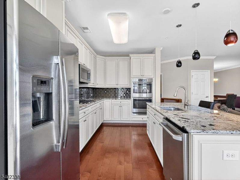 Interior, Kitchen, Pendant Lights, Stainless Steel Appliances, Wood Texture Flooring
