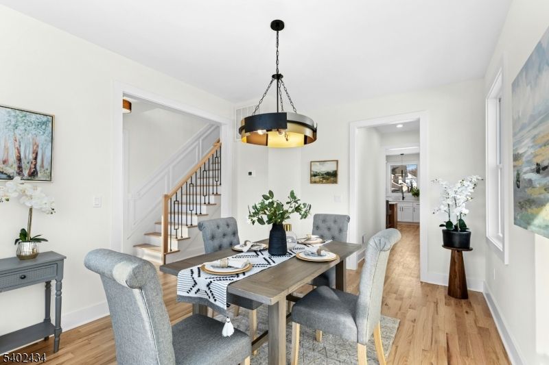 Dining room, Interior, Pendant Lights, Recessed Lighting, Wood Texture Flooring