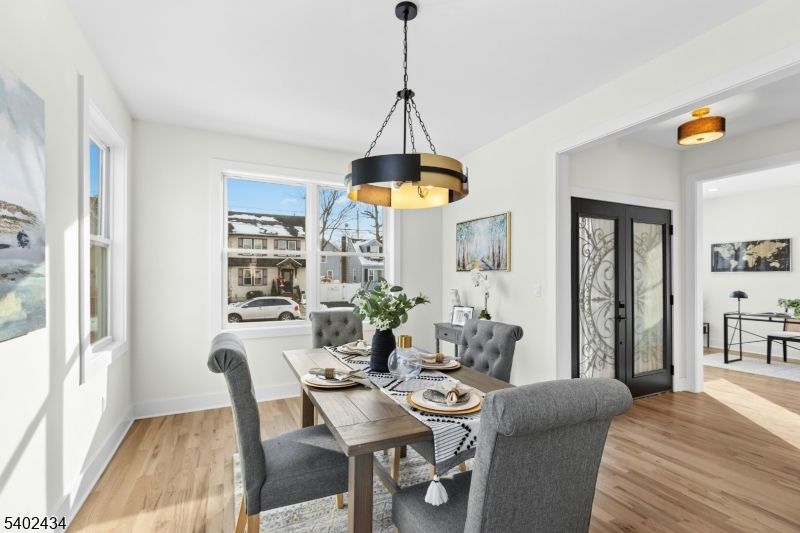 Dining room, Interior, Pendant Lights, Wood Texture Flooring