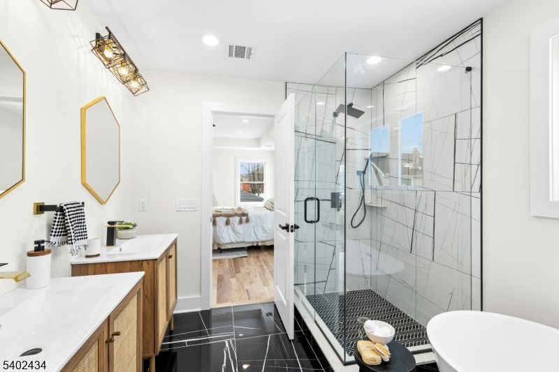 Bathroom, Glass Shower, Interior, Recessed Lighting, Wood Texture Flooring