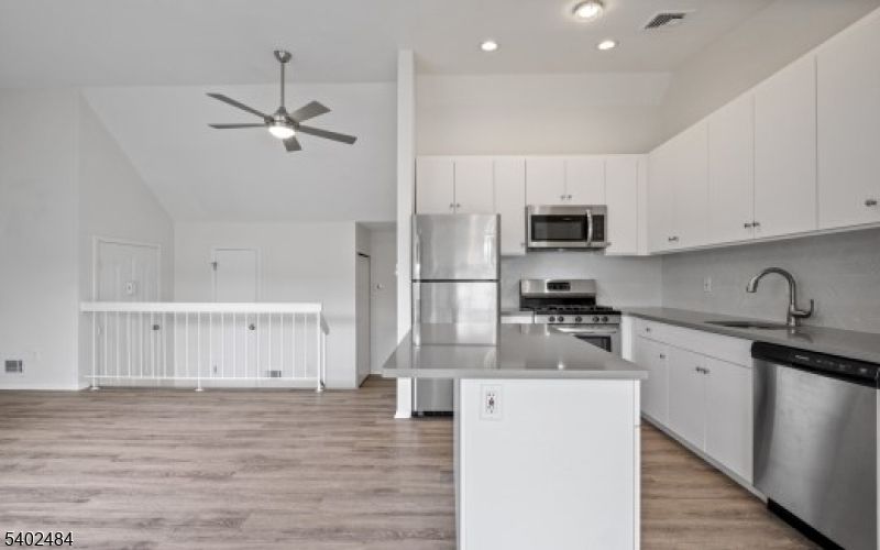 Interior, Kitchen, Recessed Lighting, Stainless Steel Appliances, Wood Texture Flooring