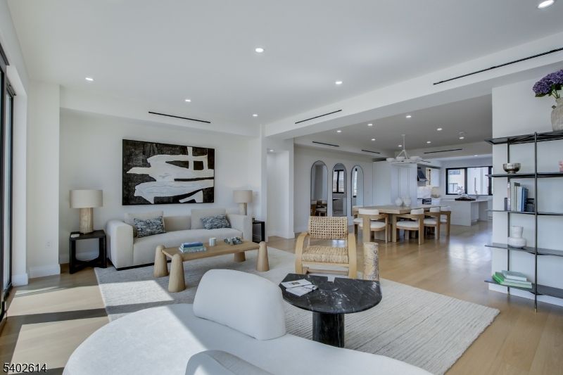 Dining room, Interior, Living room, Pendant Lights, Recessed Lighting, Wood Texture Flooring