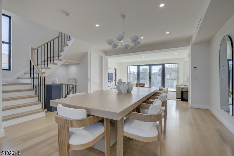 Chandelier, Dining room, Interior, Recessed Lighting, Wood Texture Flooring