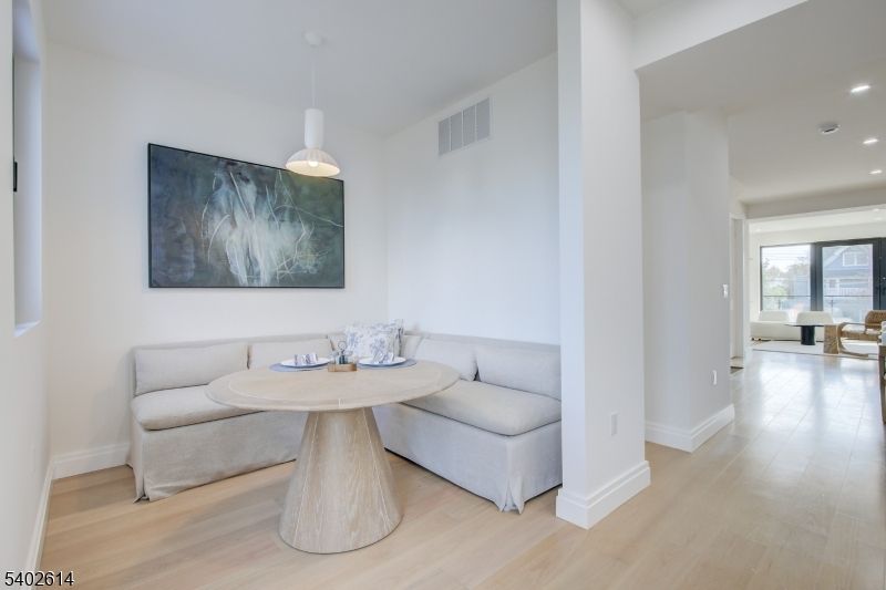 Dining room, Interior, Pendant Lights, Recessed Lighting, Wood Texture Flooring