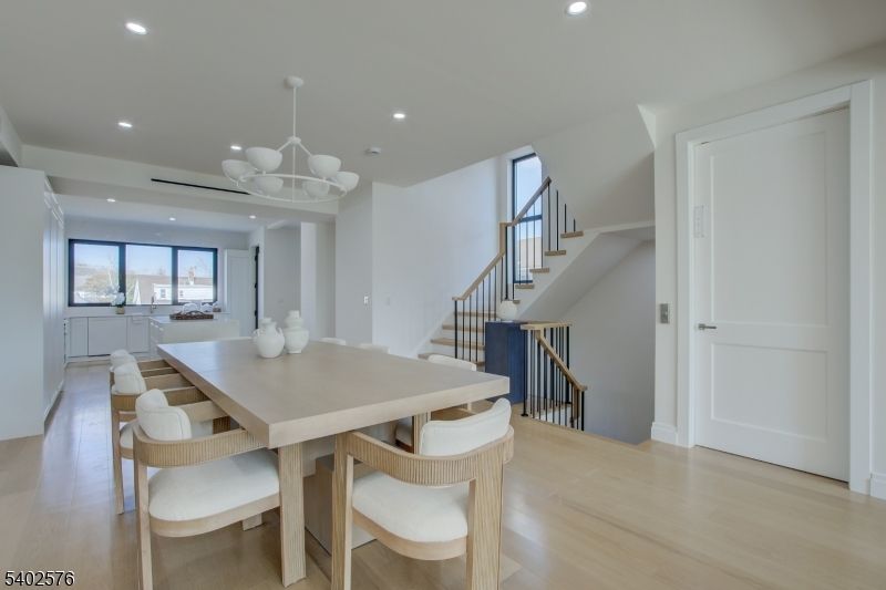 Chandelier, Dining room, Interior, Recessed Lighting, Wood Texture Flooring