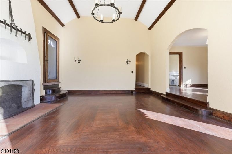 Empty room, Fireplace, Interior, Pendant Lights, Wooden Beams, Wood Texture Flooring