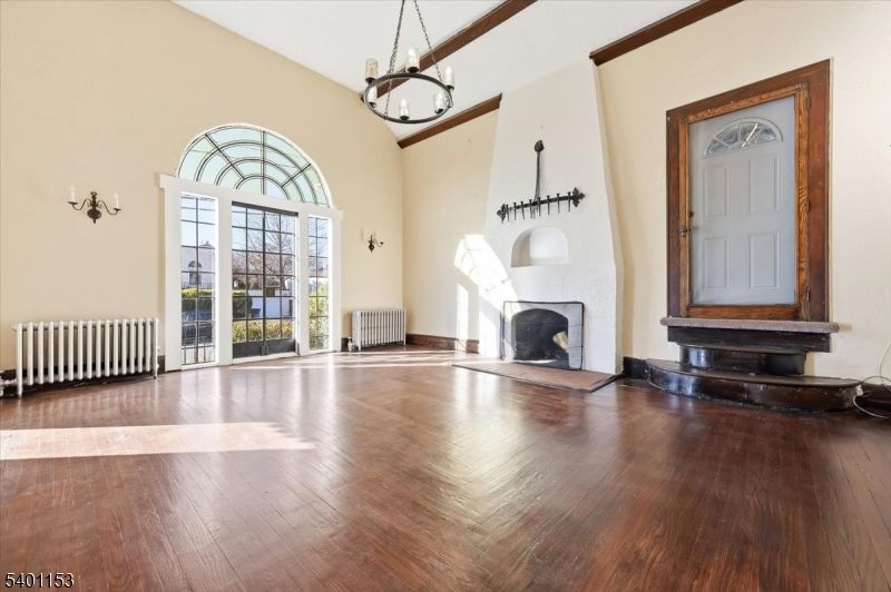 Chandelier, Empty room, Fireplace, Interior, Wood Texture Flooring