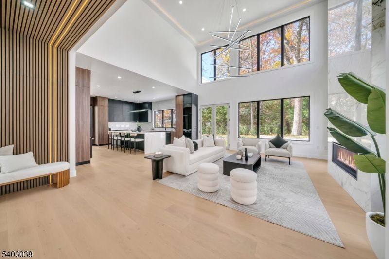 Dining room, Fireplace, Interior, Kitchen, Living room, Pendant Lights, Recessed Lighting, Wood Texture Flooring