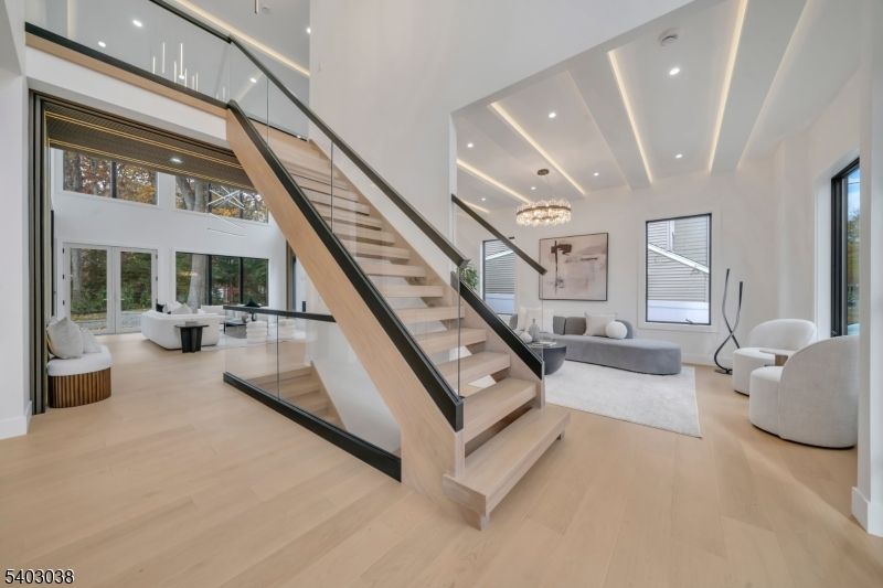 Chandelier, Interior, Living room, Recessed Lighting, Wood Texture Flooring