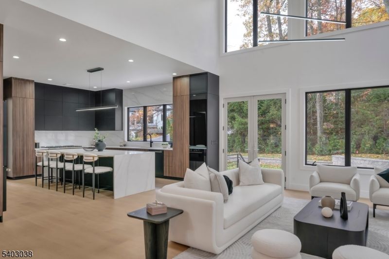 Interior, Kitchen, Living room, Marble Walls, Pendant Lights, Recessed Lighting, Wood Texture Flooring