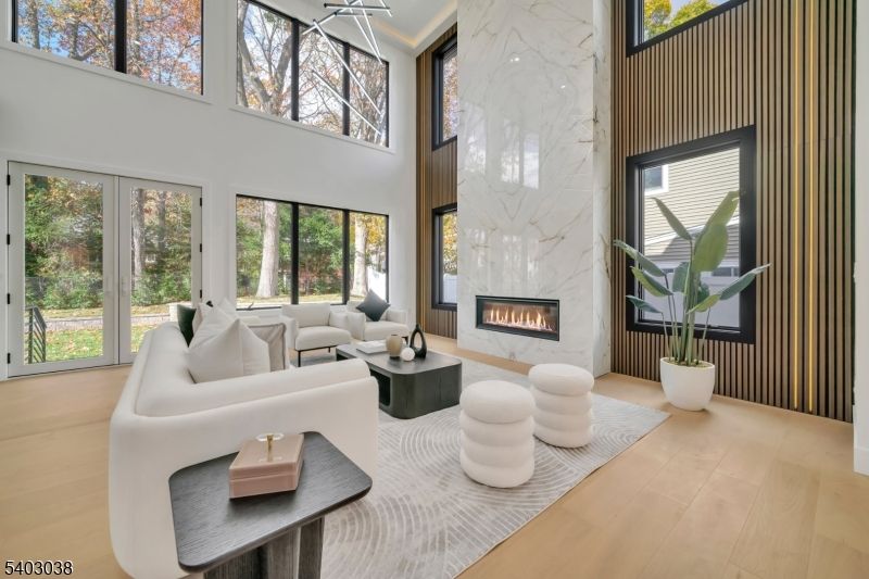 Fireplace, Interior, Living room, Marble Walls, Wood Texture Flooring