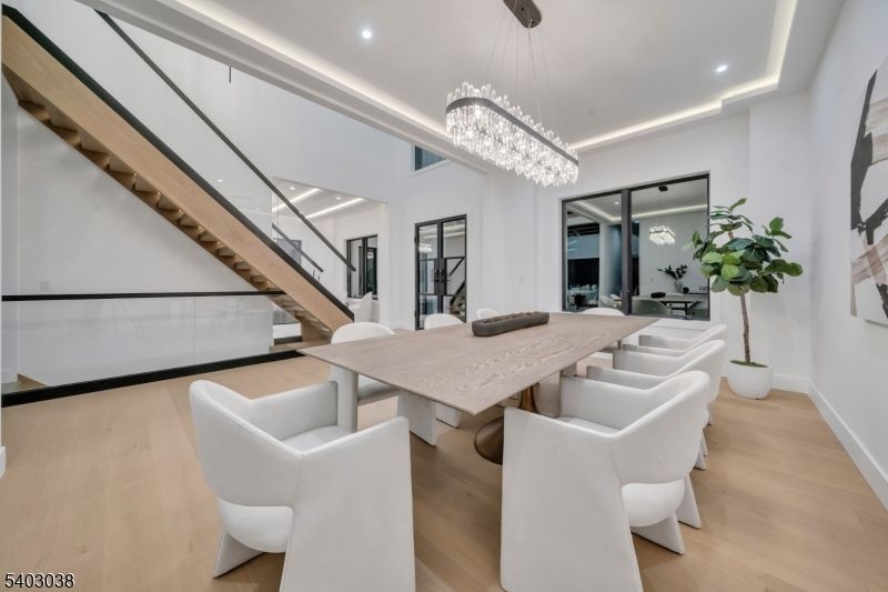 Chandelier, Dining room, Interior, Pendant Lights, Recessed Lighting, Wood Texture Flooring
