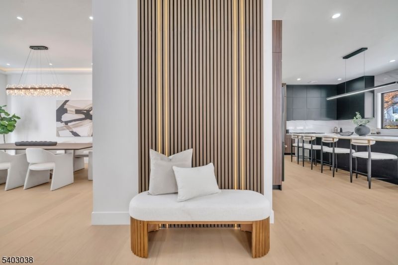 Dining room, Interior, Pendant Lights, Recessed Lighting, Wood Texture Flooring