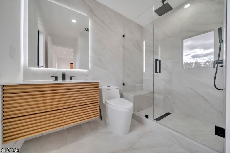 Bathroom, Glass Shower, Interior, Marble Walls, Recessed Lighting