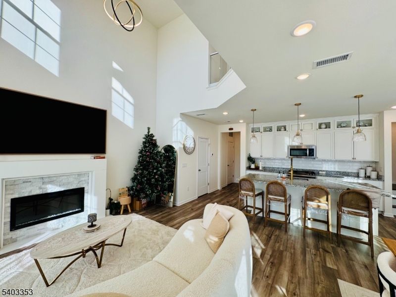 Dining room, Fireplace, Interior, Kitchen, Living room, Pendant Lights, Recessed Lighting, Wood Texture Flooring