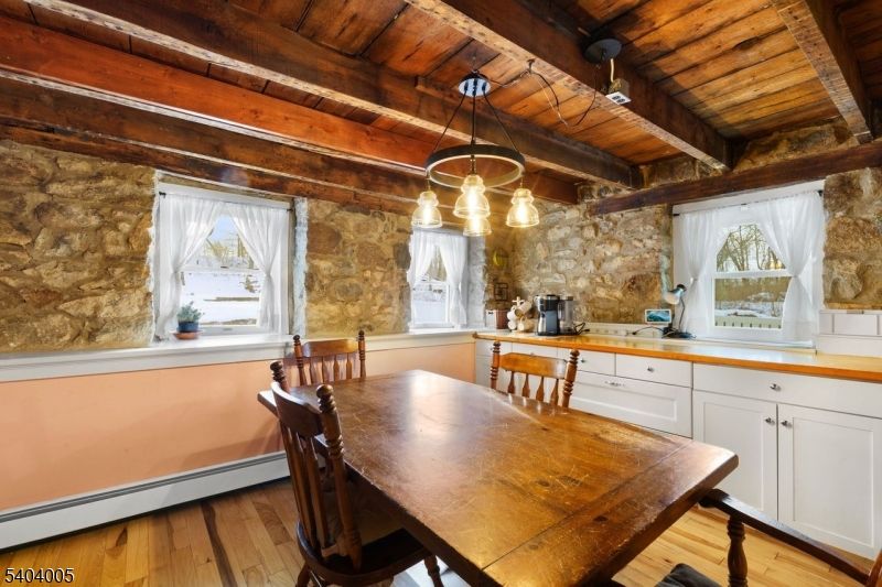 Dining room, Interior, Kitchen, Pendant Lights, Stone Walls, Wooden Beams, Wooden Ceilings, Wood Texture Flooring