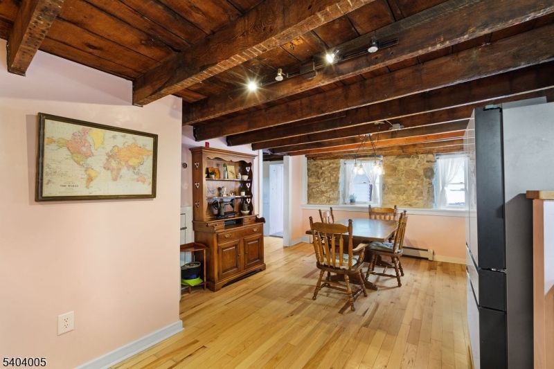 Dining room, Interior, Pendant Lights, Stone Walls, Wooden Beams, Wooden Ceilings, Wood Texture Flooring