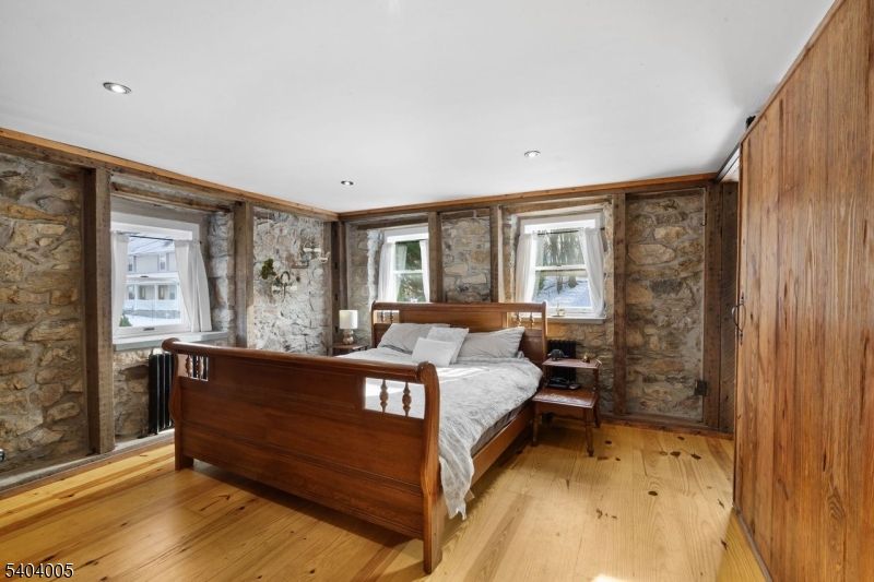 Bedroom, Interior, Recessed Lighting, Stone Walls, Wood Texture Flooring