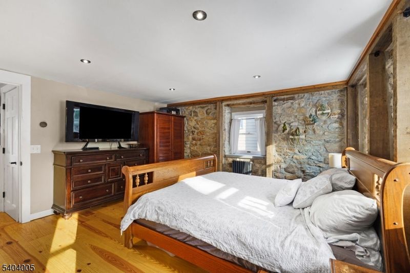 Bedroom, Interior, Recessed Lighting, Stone Walls, Wood Texture Flooring