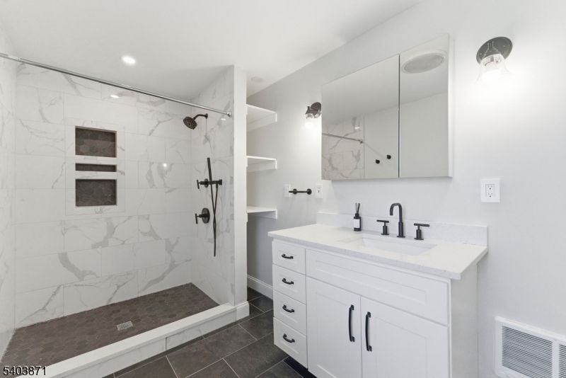 Bathroom, Glass Shower, Interior, Marble Walls, Recessed Lighting