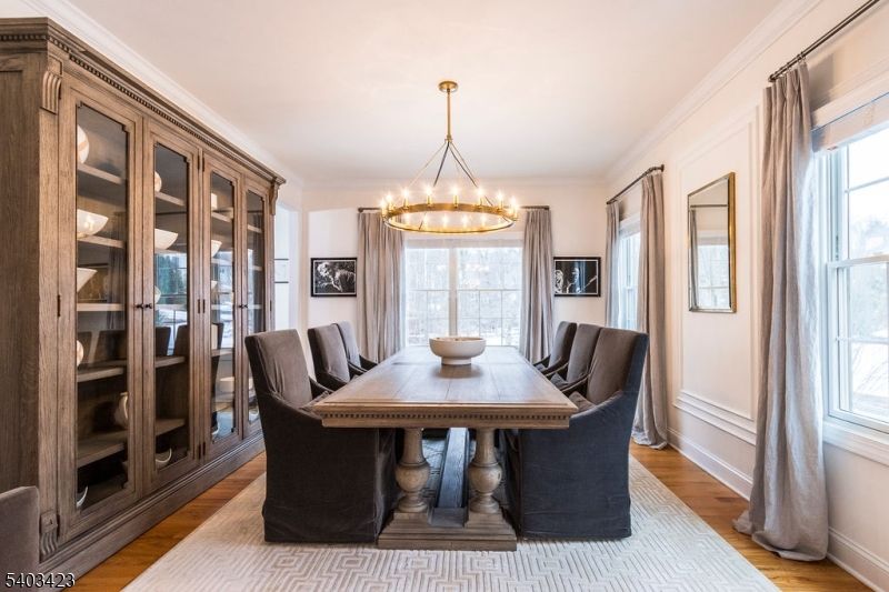 Chandelier, Dining room, Interior, Wood Texture Flooring