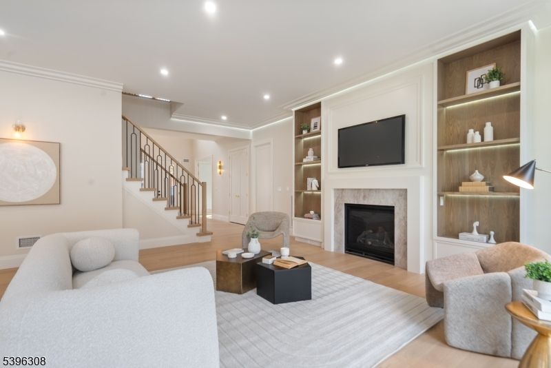 Fireplace, Interior, Living room, Recessed Lighting, Wood Texture Flooring