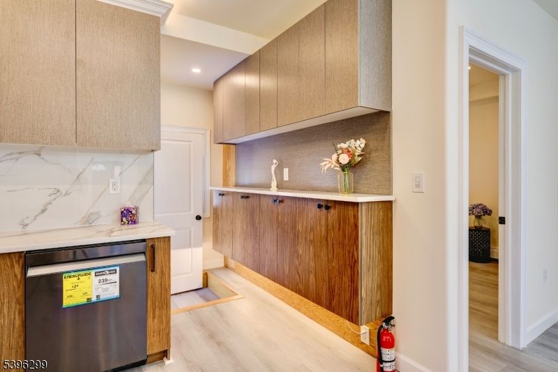 Interior, Kitchen, Marble Walls, Recessed Lighting, Wood Texture Flooring