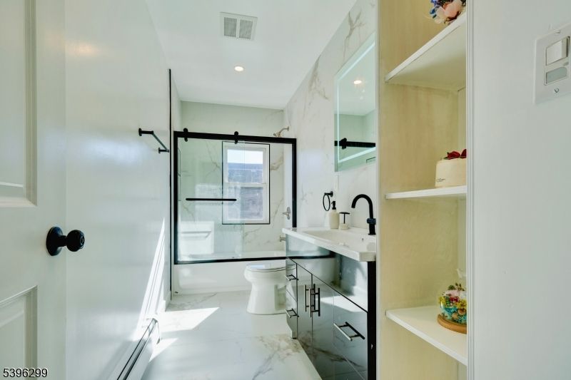 Bathroom, Glass Shower, Interior, Marble, Marble Walls, Recessed Lighting