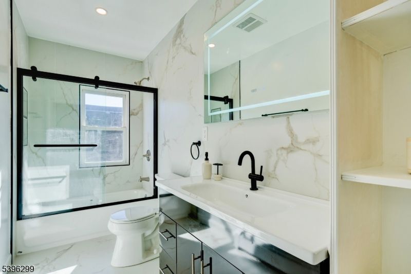 Bathroom, Glass Shower, Interior, Marble, Marble Walls, Recessed Lighting