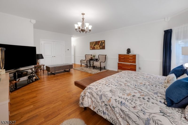 Bedroom, Chandelier, Interior, Wood Texture Flooring