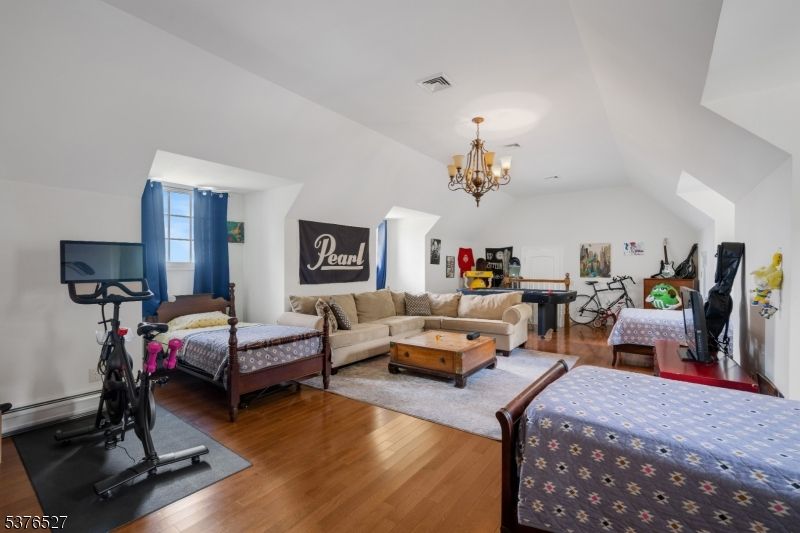 Bedroom, Chandelier, Fitness Equipment, Interior, Living room, Wood Texture Flooring