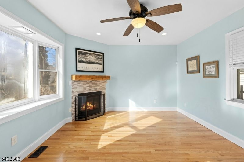 Empty room, Fireplace, Interior, Recessed Lighting, Wood Texture Flooring