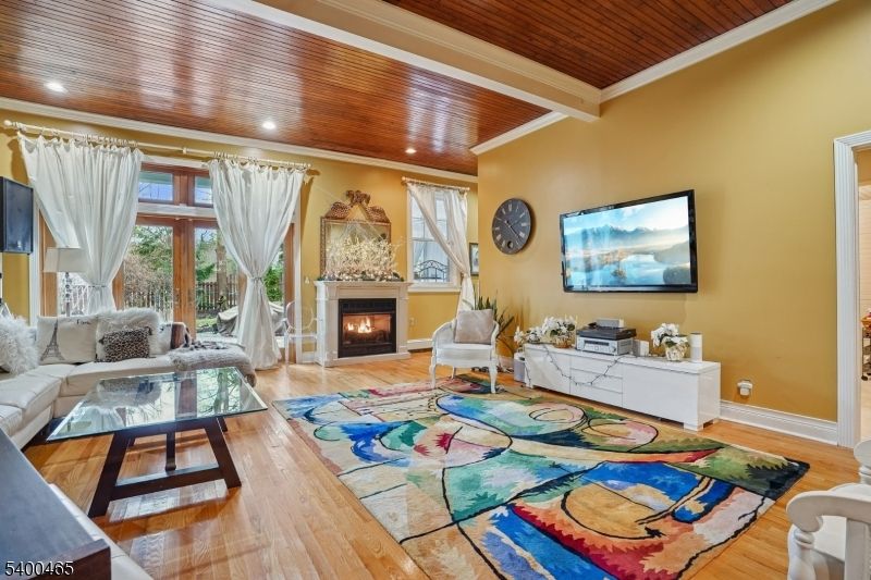 Fireplace, Interior, Living room, Recessed Lighting, Wooden Ceilings, Wood Texture Flooring